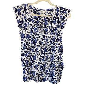 GAP Blue White Floral Cap Sleeve Tie Neck Empire Waist Blouse Top Medium